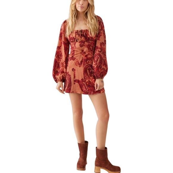 Urban Outfitters Dresses & Skirts - Urban Outfitters Paisley Mini Dress Smocked Balloon Sleeve Boho Small Peasant